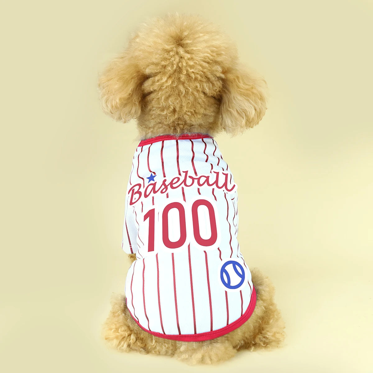 Introducing Our Athletic Striped Dog T-Shirt, Tailored for Large, Medium, and Small Breeds. the Back Showcases 'Baseball 100' Te
