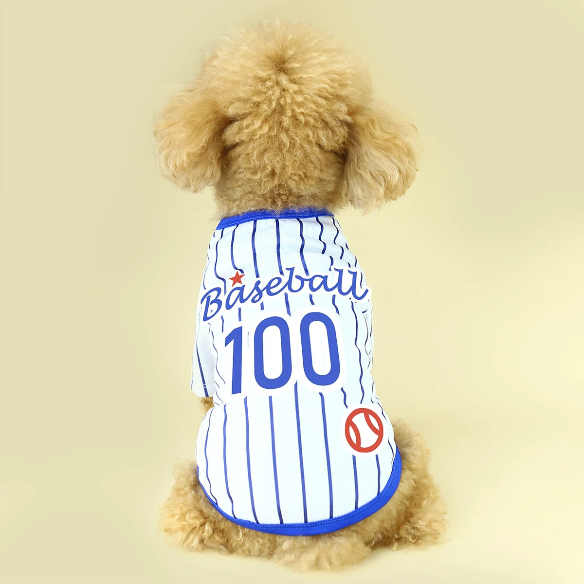 Introducing Our Athletic Striped Dog T-Shirt, Tailored for Large, Medium, and Small Breeds. the Back Showcases 'Baseball 100' Te